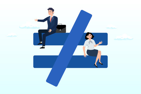 Unequal or not equal sign with businessman on top level and businesswoman on lower level, gender inequality, unequal discrimination on lady, woman such as careerのイラスト素材