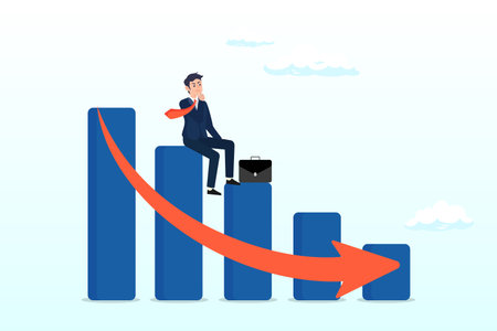 Unemployed businessman investor or business owner sitting on falling down bar graph, red arrow, economic recession, financial crisis or stock market crashのイラスト素材