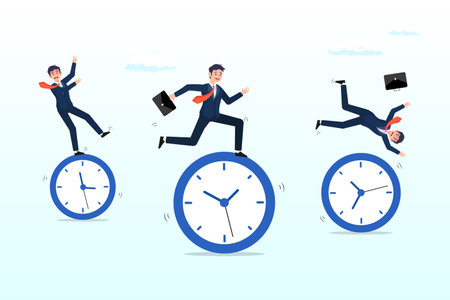 Businessman riding rolling clock face with confidence skillful man in the middle success manage to reach target, time management, work schedule and deadline, productivityのイラスト素材