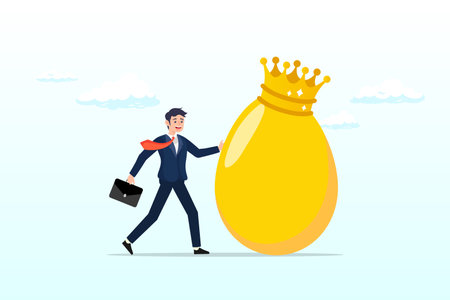 Wealthy businessman with precious golden egg wearing crown, golden egg investment, precious retirement pension fund, wealth or saving, 401k or IRA, prosperity or valuable assetのイラスト素材