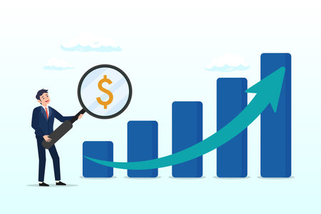 Businessman with magnifying glass on dollar money sign with growth graph and chart, revenue or salary increase, growth investment profit or earning from stock market, wages growingのイラスト素材