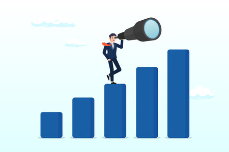 Businessman look through big telescope on growing graph, business forecast, visionary to discover opportunity, searching for future advantage trend, stock market investmentのイラスト素材