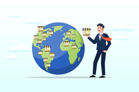 Smart businessman expand store fronts around the world, franchise business opportunity to start or expand store and shop, selling shop license or growing business to globalのイラスト素材