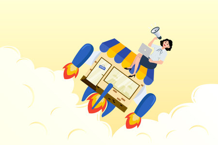 Businesswoman promote her shop with rocket booster flying, marketing or promotion to boost sales, increase customer to visit store front or e-commerce performanceのイラスト素材