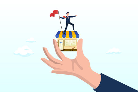 Success businessman holding winner flag on small store in giant hand, small business idea, successful entrepreneur with small retail shop or storefront, shop owner or merchandiseのイラスト素材
