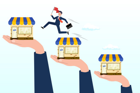 Businessman jumping on bigger franchise shop, expand storefront growing business, franchise license, business growth, marketing to improve retail store and achieve successのイラスト素材