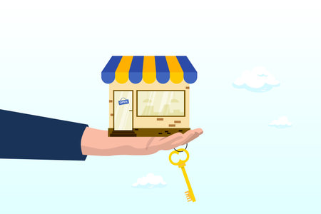 Businessman hand hold small business shop with golden key, small business key to success, open new shop, start new business or company, entrepreneur or SME, increase product saleのイラスト素材