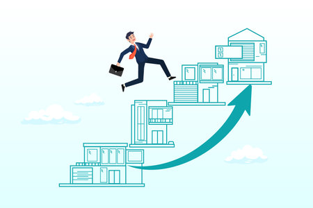 Businessman home buyer or real estate agent happy running on rising up house and building green graph and chart, real estate market price rising up chart, home buyerのイラスト素材