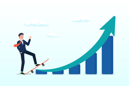 Businessman with skateboard prepare to run on growth rising graph, growth for success, growing business to achieve goal, progress or improvement, career developmentのイラスト素材
