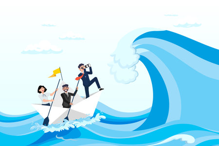 Businessman captain point finger to lead team sailing boat to survive big wave storm, courage and leadership to win business success, teamwork to help survive crisis, challengeのイラスト素材