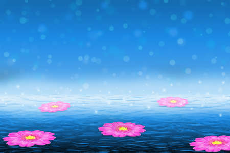 Beautiful fantasy floral background. Pink flowers floating on the water with sparkles, bokeh in the background.の写真素材
