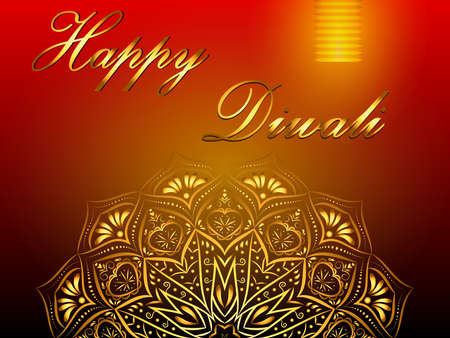 Happy Diwali red background, Hindu festival of lights, with golden mandala and paper lantern. Vector eps 10.のイラスト素材