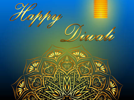 Happy Diwali blue background, Hindu festival of lights, with golden mandala and paper lantern. Vector eps 10.のイラスト素材