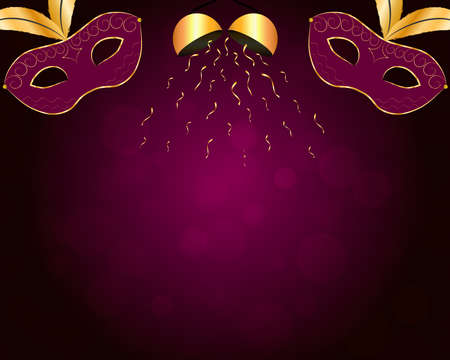Carnival background with gilt purple mask, gold confetti ball and bokeh. Vector eps 10.のイラスト素材