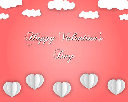 Happy Valentines Day design in paper style, with flying hearts and clouds, on coral color gradient background. Vector eps 10.のイラスト素材