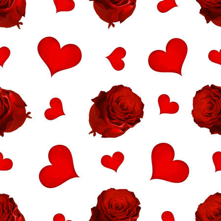 Romantic seamless pattern on white isolated background, with red rose, heart. Vector eps 10.のイラスト素材