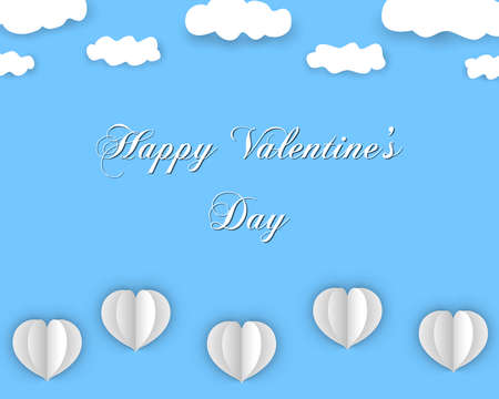 Happy Valentines Day design in paper style, with flying hearts and clouds, on blue color background. Vector eps 10.のイラスト素材