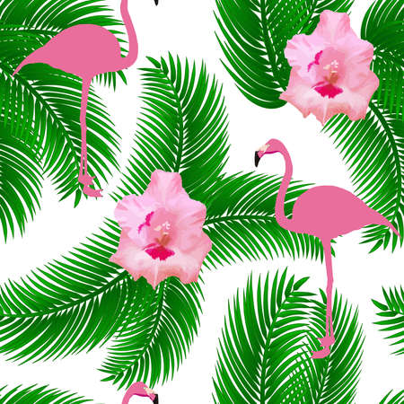 Flamingo exotic seamless pattern with palm leafs, pink flower. Background for fabric, textile, web design, banner, poster, print. Vector eps 10のイラスト素材
