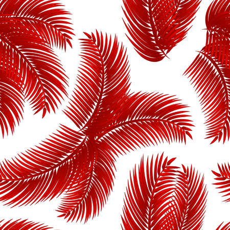 Tropical seamless pattern with red palm leafs, on white background. Vector eps 10.のイラスト素材