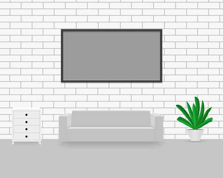 Modern interior with sofa, commode, potted plant. Empty frame on the white brick wall. Space for the text.のイラスト素材