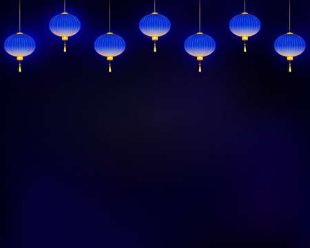 Lighting lanterns in a row, on navy blue background. Lampions with golden decorations. Vector eps 10.のイラスト素材