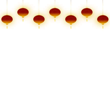 Lighting red lanterns in a row, on white background. Lampions with golden decorations. Vector eps 10.のイラスト素材