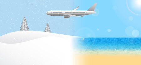 Passenger airplane flying from summer to winter. Travel from the warmer climate to the cooler. Banner concept, vector illustration.のイラスト素材