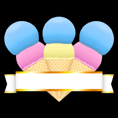 Summer decoration element. Three ice cream with shiny gold ribbon. Pink and blue scoop in sweet wafers, on black isolated background. Space for the text.のイラスト素材