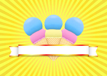 Summer poster design. Three ice cream with shiny ribbon in the middle. Pink and blue scoop in sweet wafers, with abstract yellow striped circular background. Space for the text.のイラスト素材