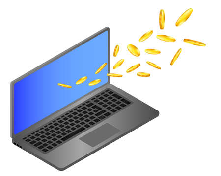Isometric online payment concept. Laptop with flying gold coins, which symbolizing the earnings or expenditure. Business design elements on white isolated background.のイラスト素材