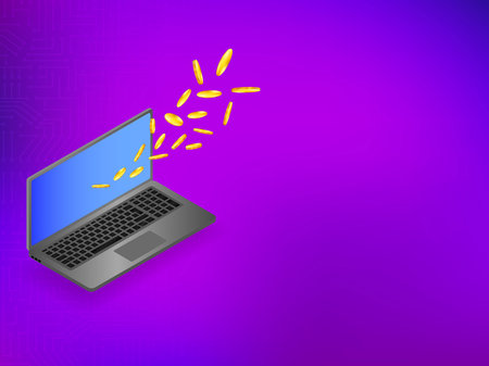 Isometric online payment template. Laptop with flying gold coins, which symbolizing the earnings or expenditure. Business concept on blue, purple gradient background, with circuit. Space for the copyのイラスト素材
