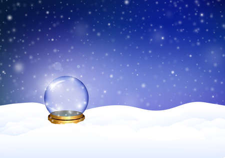 Magical snowy winter background. Golden plated sole glass magic ball on snow, with sparkle. Night scene with snowfall. Empty space for the copy.のイラスト素材