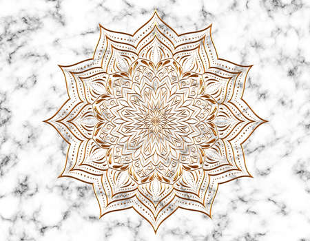 Gold mandala on white marble background.の写真素材