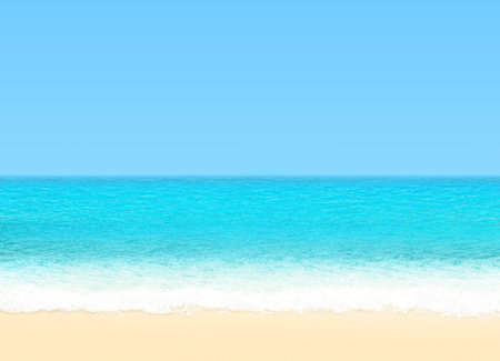 Blue ocean landscape with foaming rippling water and sandy shore.の写真素材