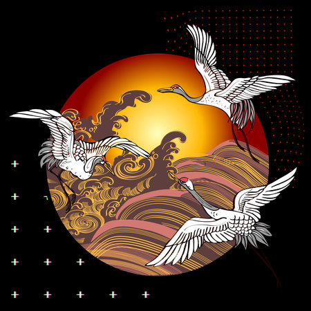 Wild birds in flight. Animals in nature or in the sky. Cranes with wings and red sun. Fashion illustration for t-shirt, fabric, wallpaper, cover, cards. - Vector.のイラスト素材
