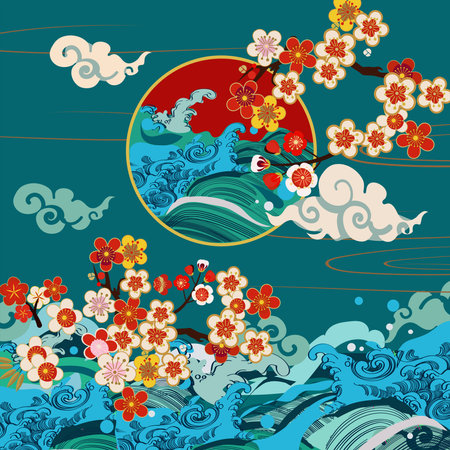 apanese cherry blossom and sakura asian illustration background pattern with sun, waves, clouds - Vector.のイラスト素材