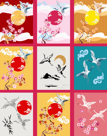 Set with cranes, sun, sakura, clouds. CRANES AND COLOR SAKURA. Colorful floral seamless pattern with flowers, japanese bird. Vector.のイラスト素材