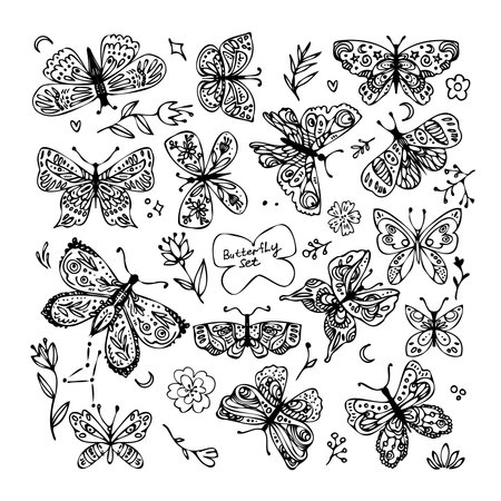Butterfly silhouettes. Insect butterfly black silhouette, winged gorgeous animal, vector illustrationのイラスト素材