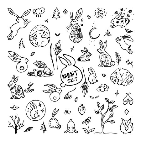 Vector illustration set of silhouettes with RABBIT on a white background. Surface illustration for fabric, wallpaper, cover, cards. - Vector.のイラスト素材