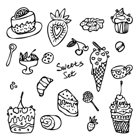 Vector illustration set of silhouettes with SWEETS on a white background. Surface illustration for fabric, wallpaper, cover, cards. - Vector.のイラスト素材