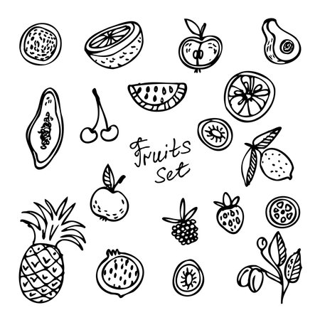 Vector illustration set of silhouettes with FRUITS on a white background. Surface illustration for fabric, wallpaper, cover, cards. - Vector.のイラスト素材