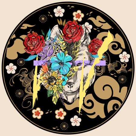 Vector illustration of a front view of a wolf head.Flowers and wolf's head. Follow positive energy slogan wolf nature illustration t-shirt print graphic design - Vector.のイラスト素材