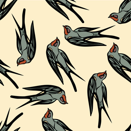 Vector seamless flying little swallows birds of paradise conversation pattern, spring summer time, gentle romantic humming-bird, colibri background allover print design - Vectorのイラスト素材