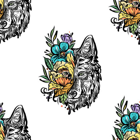 Vector illustration of a front view of a wolf head. illustration t-shirt print graphic design - Vector.のイラスト素材