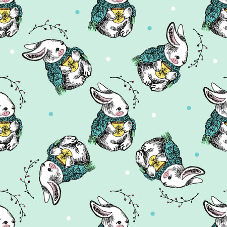 Symbol of chinese new year 2023 rabbit zodiac sign. Funny Bunnies seamless pattern, art background. vector illustrationのイラスト素材