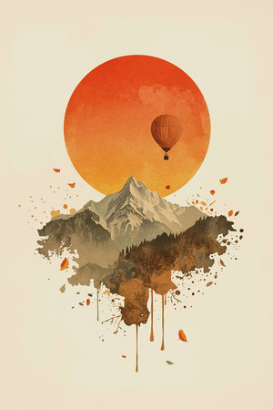 Hot air balloon in the sky with mountains and forest. Vintage style.の素材