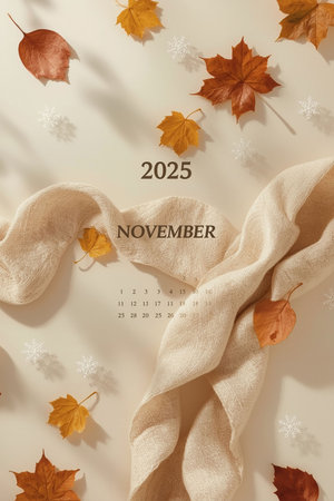 Ð¡alendar for November.White scarf with autumn leaves and snowflakes on white background. Flat lay, top viewの素材