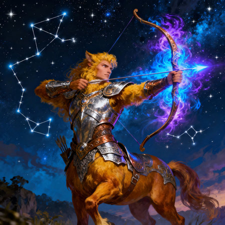 Ancient warrior with bow and arrow Sagittarius in the starry sky, 3d illustrationの素材
