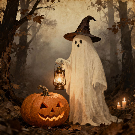 Halloween background with pumpkin lantern and ghost in a witch's hat in the forest, 3d renderの素材