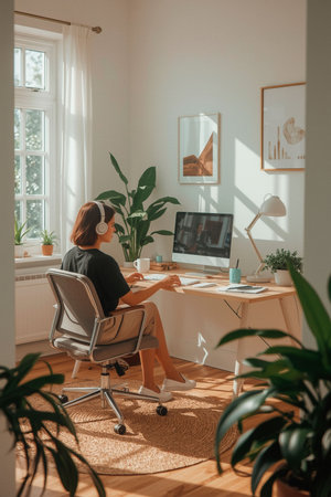 Side view of female freelancer working on computer while sitting at homeの素材